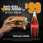 En Cuarto de Kilo llévate una hamburguesa clásica + bebida por $99 de lunes a viernes de 1:00 a 4:00 PM En Cuarto de Kilo llévate una hamburguesa clásica + bebida por $99 de lunes a viernes de 1:00 a 4:00 PM