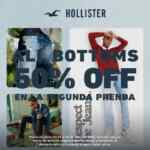 En Hollister llévate una segundo a mitad de precio en prendas bottoms (pantalones, shorts, etc)