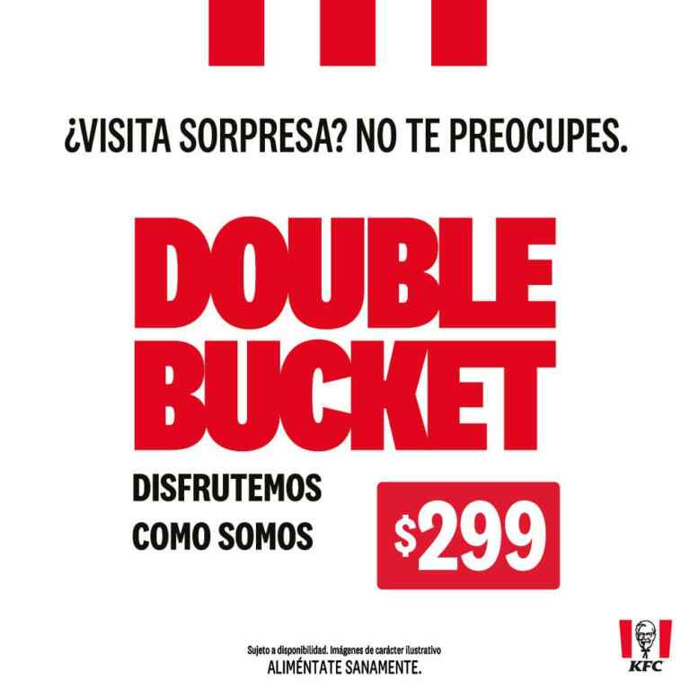 Nuevo Double Bucket KFC 8 piezas de pollo + 3 Ketiras + papas + puré familiar por 299