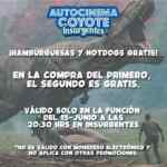 2x1 en hamburguesas y Hot Dogs en funciones de Jurassic World en Autocinema Coyote