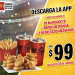 Cupón App McDonalds Super Bowl: 20 McNuggets + papas medianas + 2 refrescos por $99 Cupón App McDonalds Super Bowl: 20 McNuggets + papas medianas + 2 refrescos por $99
