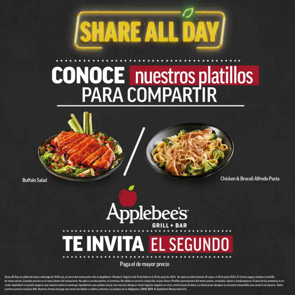 Promo Applebee's Share All Day 2x1 en platillos seleccionados en