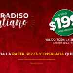 Toda la pasta, pizza y ensalada que quieras por $199 con la promo Italiannis Paradiso Italiano