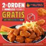 En Las Alitas 2x1 en boneless personales de lunes a miércoles a partir de las 7:00 PM