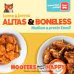 En Hooters alitas y boneless medium a precio de small por pickup y Rappi este lunes y jueves