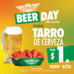 Promo Día de la Cerveza Wingstop: 2do tarro de cerveza a $1 peso