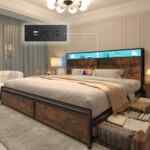 Mueble de cama de madera y metal con cajones laterales, cabecera, luces LED y entradas USB baja a un gran precio