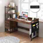 Escritorio de computadora de madera y metal con repisas, cajones y entras eléctricas y USB en su precio histórico más bajo