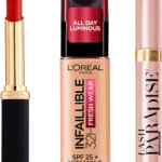Combo Loréal Paris con base de maquillaje Infallible Fresh Wear + lápiz labial Color Riche + mascara para pestañas Lash Paradise