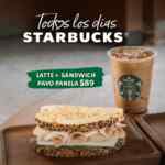 Promoción Starbucks 2025: Latte alto caliente o frío + sándwich pavo panela por $89