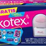 Pack Kotex con 20 toallas Maxi Nocturnas + 30 toallas nocturnas + cepillo de limpieza facial Pink a un gran precio