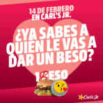 En Carl's Jr hamburguesa a 1 beso en la compra de un combo hoy 14 de febrero