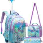 Mochila para niña con rueditas, lonchera y lapicera con diseño de sirena baja a su menor precio