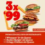 Cupón Burger King Mix de 3 hamburguesas por $99