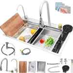 Fregadero doble de cocina de acero inoxidable con mezcladora y accesorios baja a su menor precio