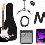 Kit de inicio guitarra eléctrica Fender Stratocaster con amplificador, estuche, stand, correa y más baja a su menor precio