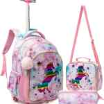 Mochila de rueditas para niña con diseño de unicronio, lonchera y lapicera baja a su menor precio