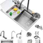 Fregadero de cocina de acero inoxidable con accesorios y mezcladora baja a un excelente precio
