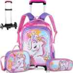Conjunto de mochila con rueditas, lonchera y lapicero para niñas con diseño de unicornio baja de precio