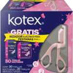 Promo pack Kotex con 30 toallas nocturnas + 20 toallas maxi nocturnas + rizador eléctrico de pestañas