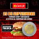 Promoción de Aniversario Carl's Jr Toluca: Famous Star con queso a sólo $1 en la compra de un combo