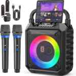 Máquina de karaoke y bocina portátil Bluetooth con micrófonos y luces LED baja de precio