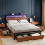Base de cama matrimonial con cabecera, luces LED, cajones de almacenamiento y multicontacto eléctrico baja a un gran precio Base de cama matrimonial con cabecera, luces LED, cajones de almacenamiento y multicontacto eléctrico baja a un gran precio