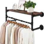Barra perchero industrial para ropa con estante de madera baja a un gran precio