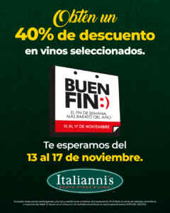 Italianni's Buen Fin 2025: 40% de descuento en vinos seleccionados Imagen de la promo