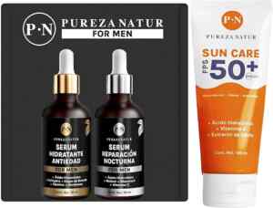 Kit sérum hidratante anti edad para hombres + sérum reparación nocturna para hombre + protector solar Sun Care FPS 50+ baja de precio + 3 msi Imagen de la promo
