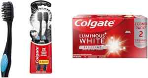Combo Colgate con 2 pack cepillos dentales 360 Carbón Activo + 2 pack pastas dentales blanqueadoras Luminous White Brilliant bajan a un precio muy bueno Imagen de la promo
