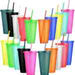 Set de 20 vasos reutilizables de plástico 710 ml con tapas y popotes bajan a su precio más económico + 3 msi Set de 20 vasos reutilizables de plástico 710 ml con tapas y popotes bajan a su precio más económico + 3 msi