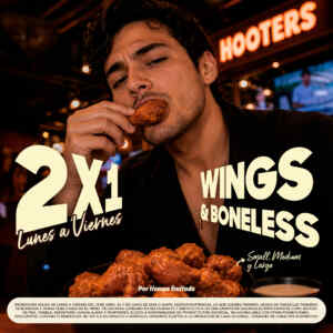 Promoción Hooters: 2x1 en boneless y alitas de lunes a viernes hasta el 11 de junio 2026 Imagen de la promo