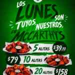 Promoción Lunes De Alitas McCarthy’s: 5 piezas de Alitas por $39.50 y más