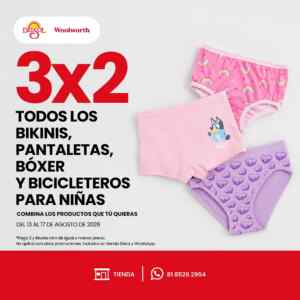 3x2 en bikinis, pantaletas, bóxer y bicicleteros para niñas en tiendas Del Sol y Woolworth Imagen de la promo
