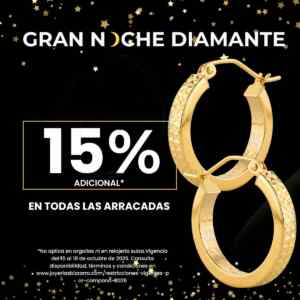 Gran Noche Diamante Joyerías Bizzarro: 30% de descuento + 15% adicional en todas las arracadas hoy Imagen de la promo