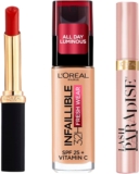 Combo Loréal Paris con base de maquillaje Infallible Fresh Wear + lápiz labial Color Riche + mascara para pestañas Lash Paradise