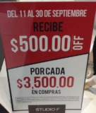 $500 de descuento por cada $3500 de compra en Studio F