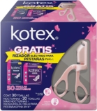 Promo pack Kotex con 30 toallas nocturnas + 20 toallas maxi nocturnas + rizador eléctrico de pestañas