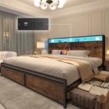 Mueble de cama de madera y metal con cajones laterales, cabecera, luces LED y entradas USB baja a un gran precio