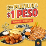 De nuevo en las Alitas 2do platillo a $1 peso hasta el 30 de junio