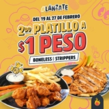 En las Alitas 2do plato de boneless o strippers a solo $1 peso