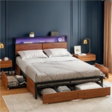 Base de cama matrimonial con cabecera, luces LED, cajones de almacenamiento y multicontacto eléctrico baja a un gran precio