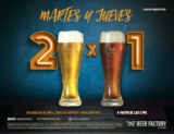 Promoción Beer Factory de 2×1 en cervezas los martes y jueves después de las 5pm