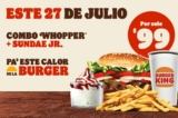 Cupón Burger King combo Whopper + Sundae jr por $99 solo el 27 de julio