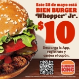 Promoción Burger King Día de la Hamburguesa: Whopper Jr a $10 el 28 de mayo