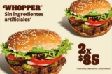 En Burger King 2 hamburguesas Whopper sin queso por $85 pesos