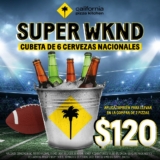 Promoción California Pizza Kitchen Super Bowl: Cubeta de 6 cervezas a $120