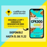 Cupón Nueva App California Pizza Kitchen de $300 de descuento en pedidos a partir de $800