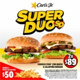 Promoción Super Duo Carls Jr: 2 famous star con queso o 2 jalapeño burger por $89